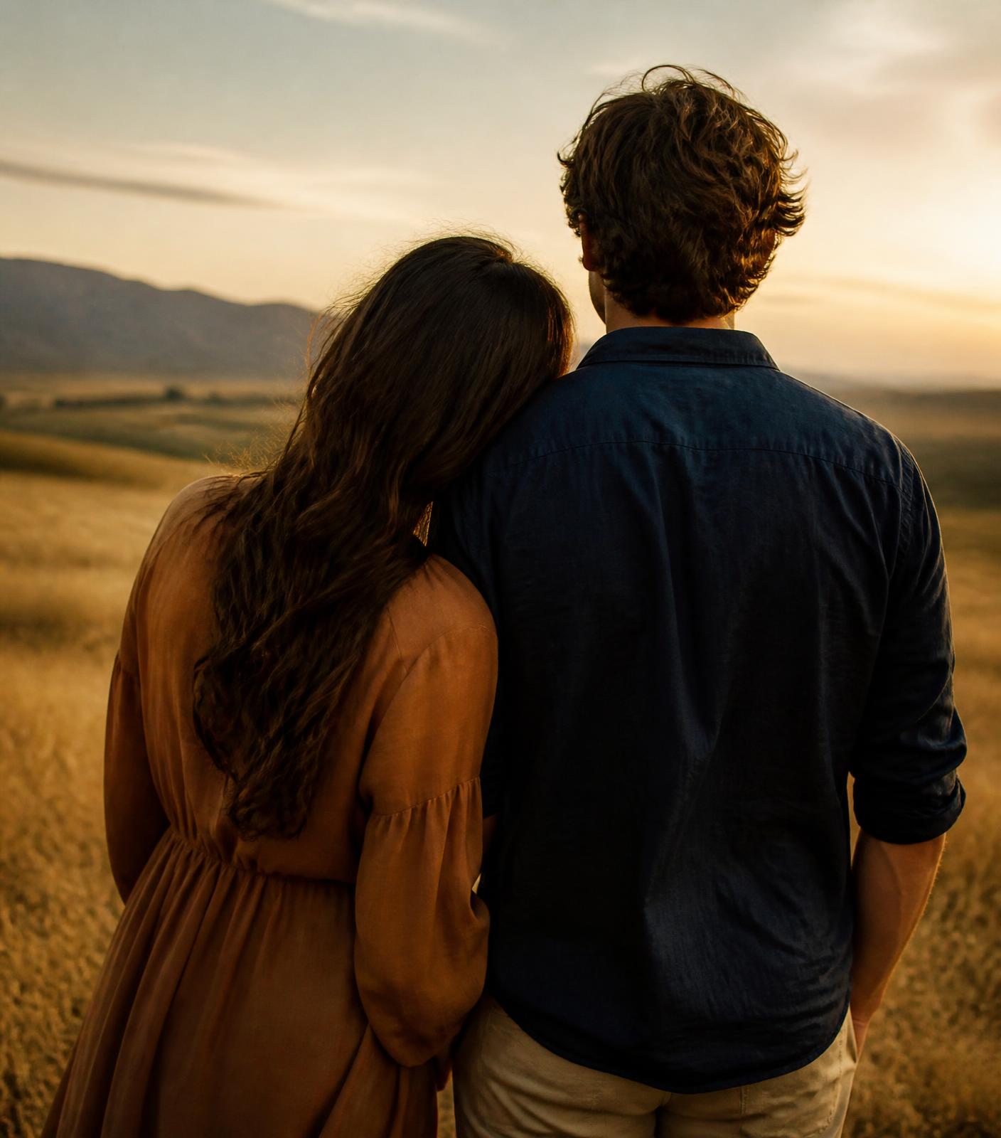 Una pareja adulta mira un paisaje al atardecer, de espaldas