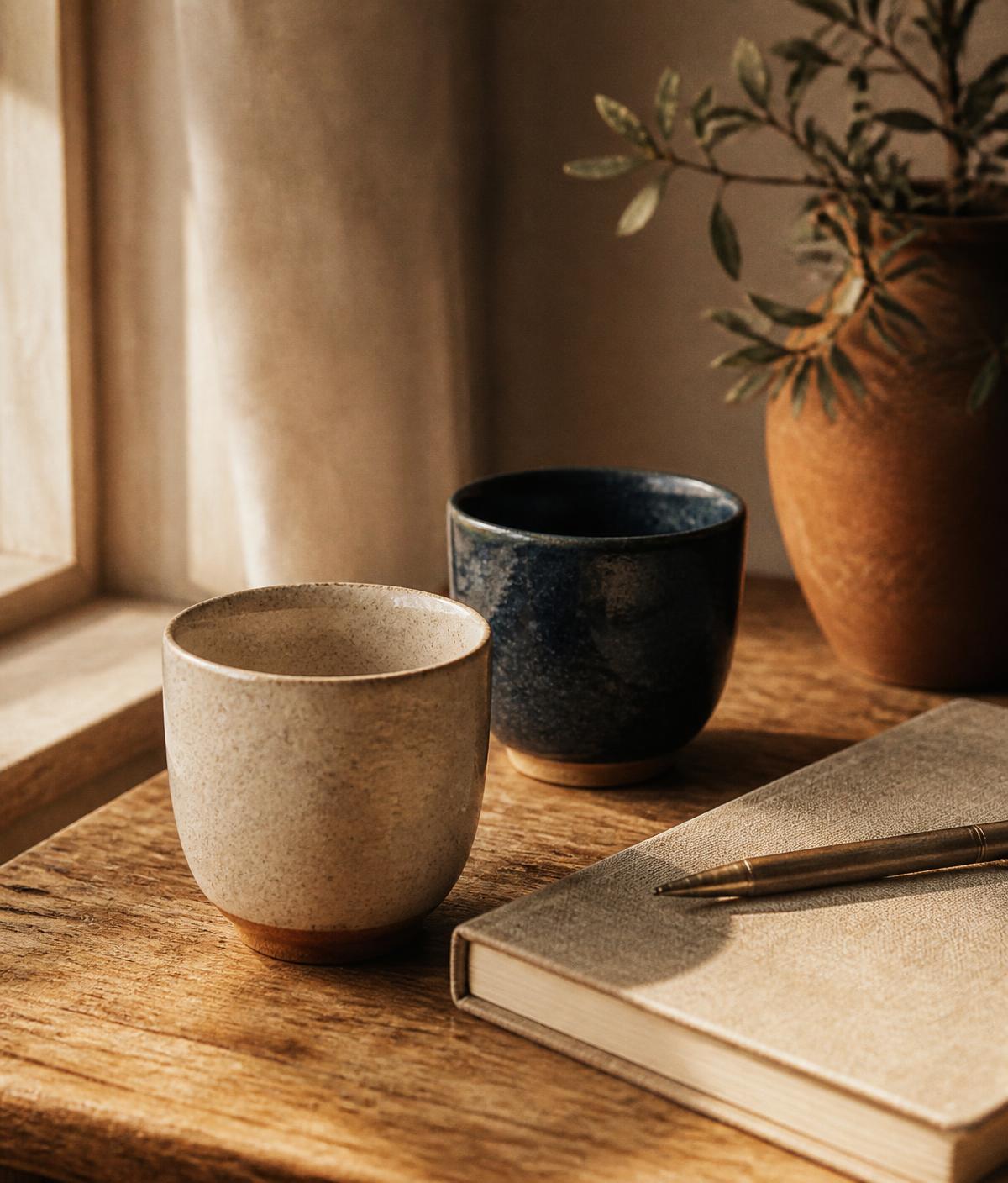 Dos tazas sobre una mesa de madera junto a un cuaderno, con luz de ventana
